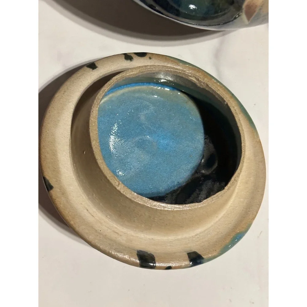 Studio Pottery Hand Thrown Teapot Blue Earth Tone Drip Glaze Signed Artisan Tea